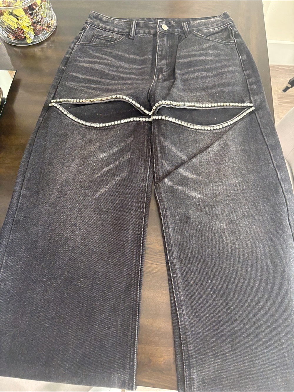 Embellished Black Wide-Leg Jeans with Rhinestone Trim